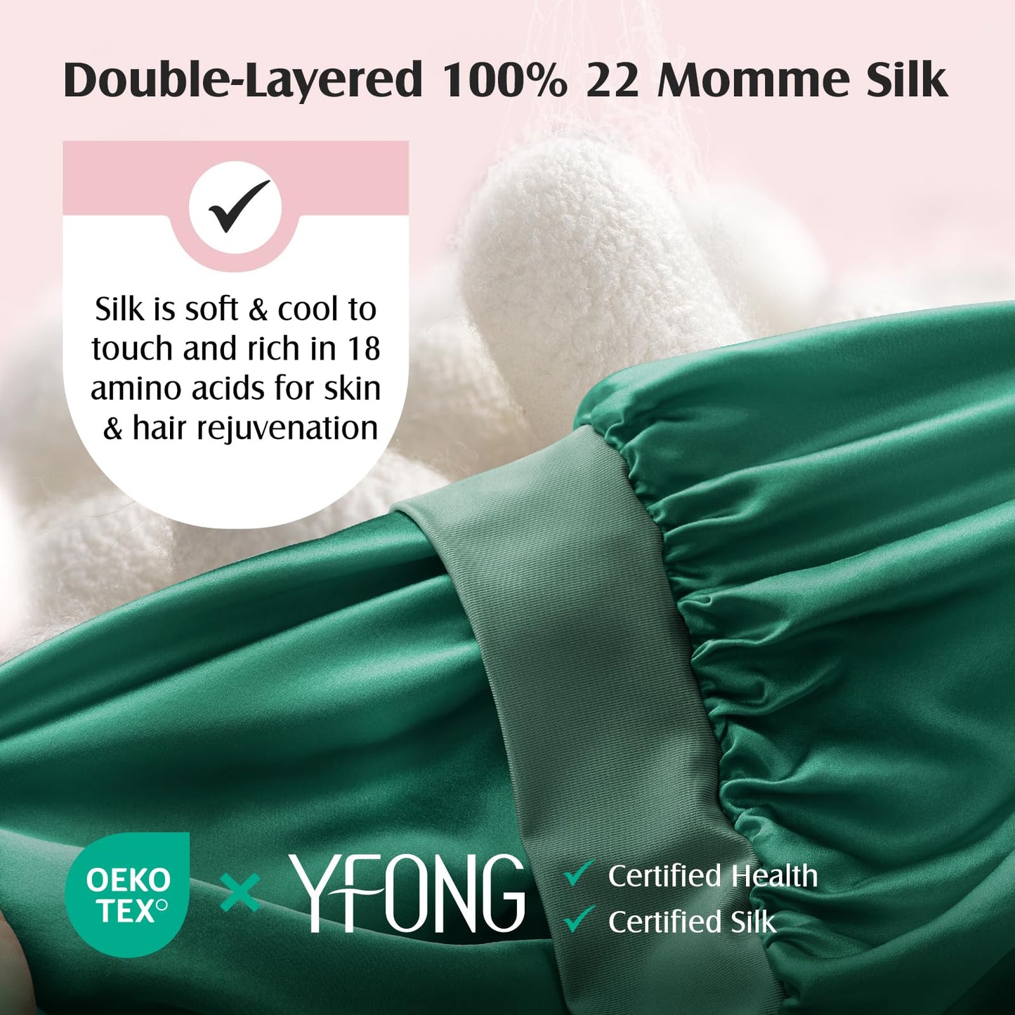 YFONG 100% 22 Momme Mulberry Silk Bonnet for Sleeping Women, Larger Double Layer Silk Hair Wrap for Curly Short Long Hair, Non-Slip Sleep Shower Cap Turban with Elastic Tie Band, Deep Green