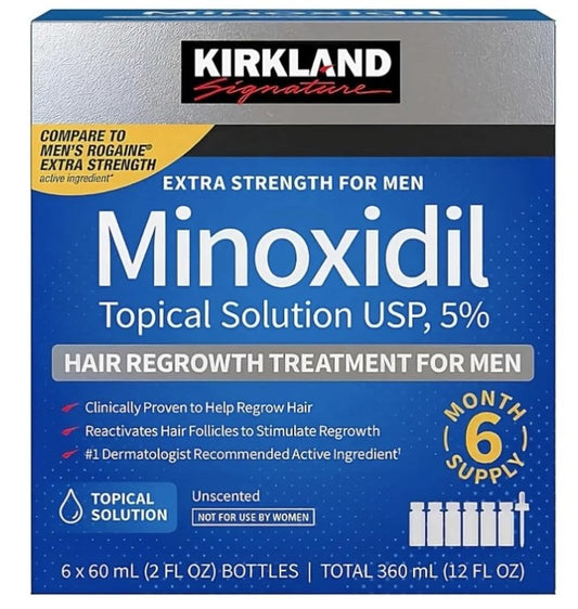 Kirkland Signature Minoxidil Topical Solution USP 5%, Extra Strength Hair Regrowth Treatment for Men, 6 Months Supply