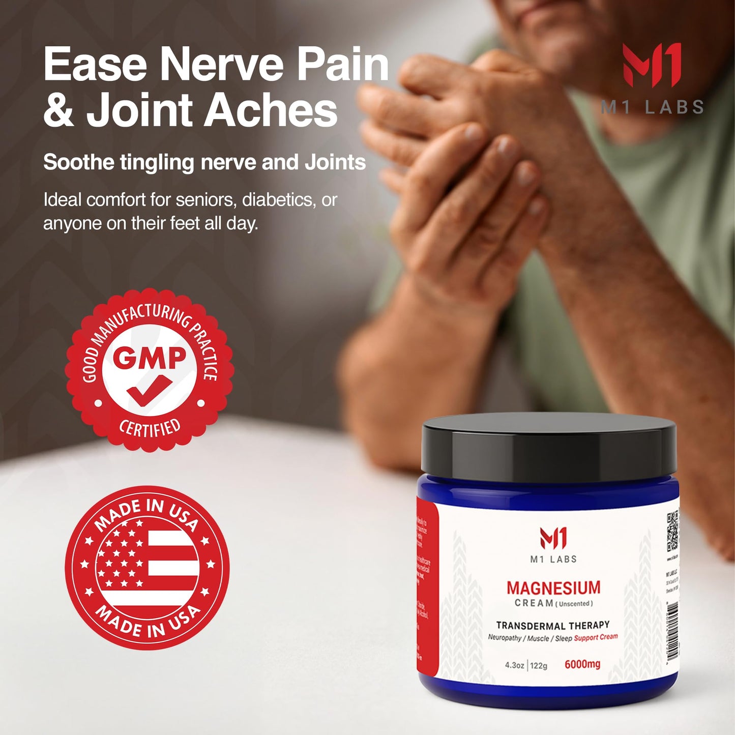M1 Labs 6000mg Magnesium Topical Cream – 4.3 oz Unscented & Fast-Absorbing Magnesium Chloride Cream for Neuropathy, Muscle & Sleep Support – Paraben-Free, Non-GMO for Relaxation, Support & Hydration