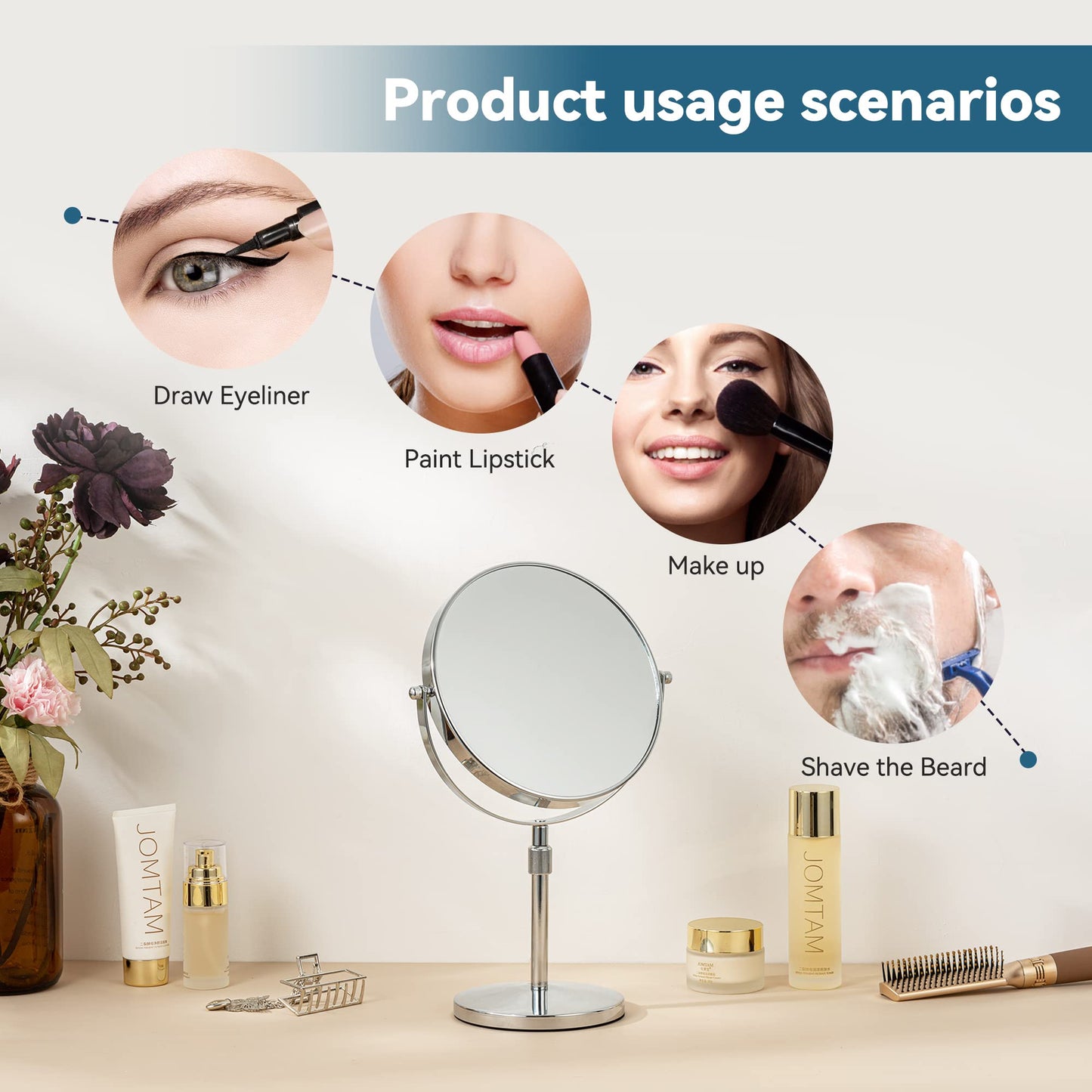 17" Tall Tabletop Magnifying Makeup Mirror Height Adjustable Vanity Mirror 1X/10X Magnification, 8" Large Double-Sided 360° Swivel Classic Round Desktop Make Up Mirror for Bathroom & Bedroom, No Light