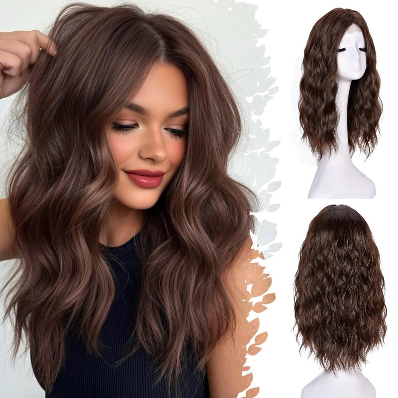 ANNISOUL Brown Short Wavy Wigs for Women 18Inch Bob Wave Wig Middle Part Synthetic Lace Front Natural Hairline Hair for Daily Party Use