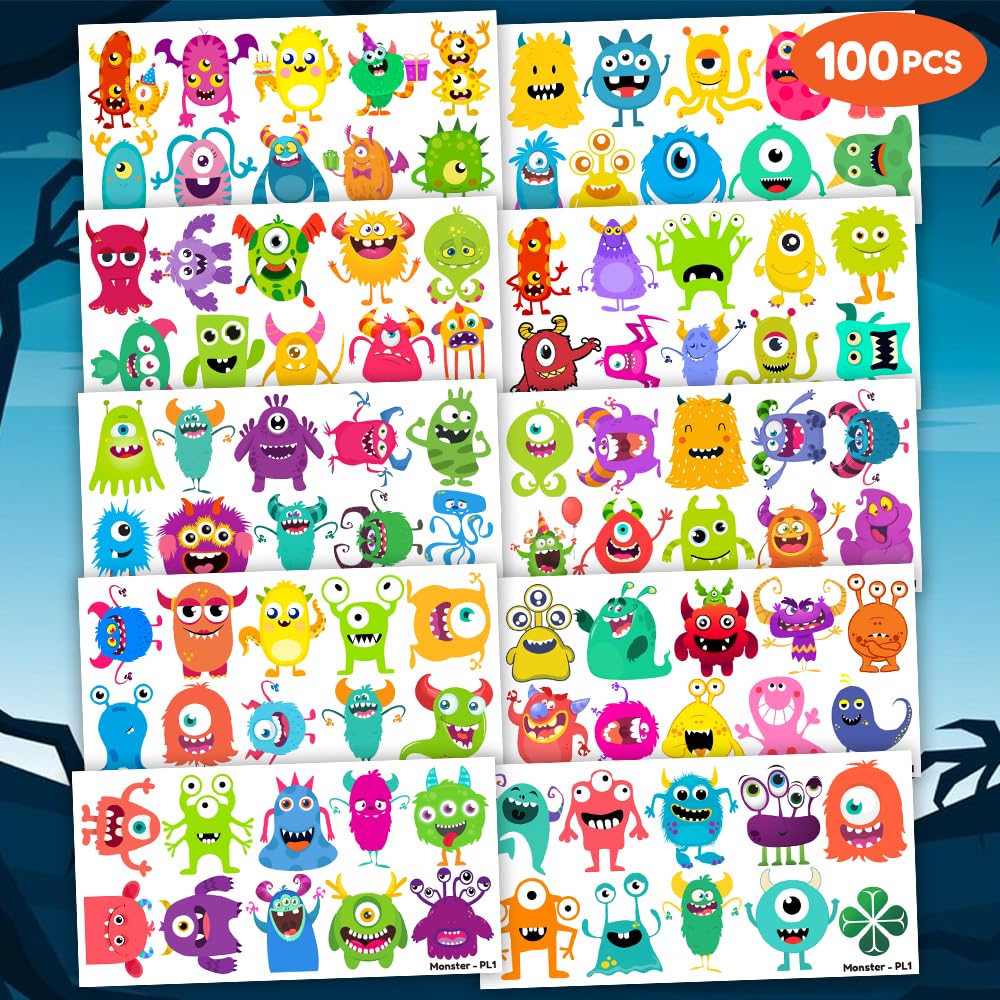 Monster Temporary Tattoos - 100 PCS Cute Little Monster Stickers for Birthday Party Favors | Kids' Rewards & Decorations