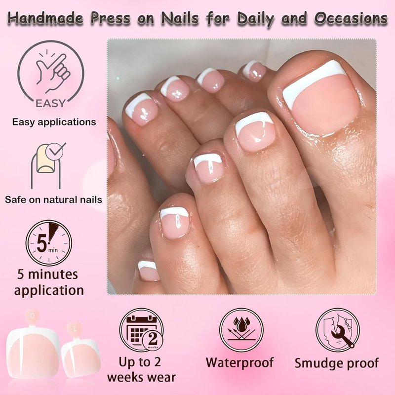 French Tip Press-On Toenails - 144pc Acrylic Fake Toe Nail Kit with Glue Tabs | Square Design