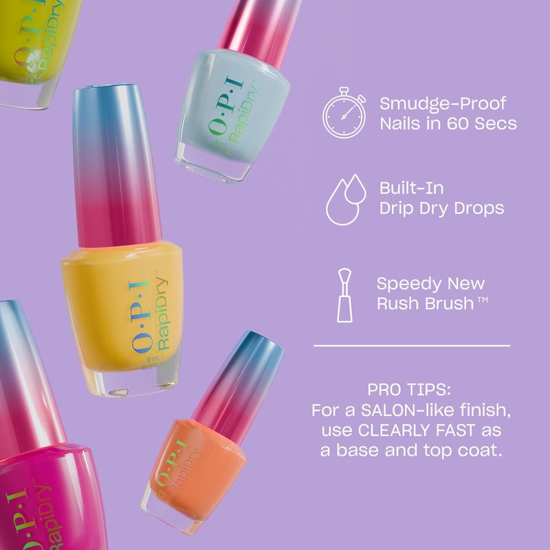 OPI RapiDry Cheers to No Smears | Semi-sheer Soft Peach Glitter Quick Dry Nail Polish | Vegan, Smudge Proof, Fast Drying