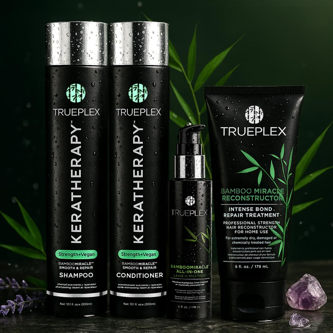 Trueplex KERATHERAPY Bamboo Miracle Smooth & Repair Shampoo, 10.1 oz., 300 ml - Vegan Cleansing Formula for Damaged & Frizzy Hair - Hydrating & Smoothing with Grape Seed, Baobab, & Bamboo Extract