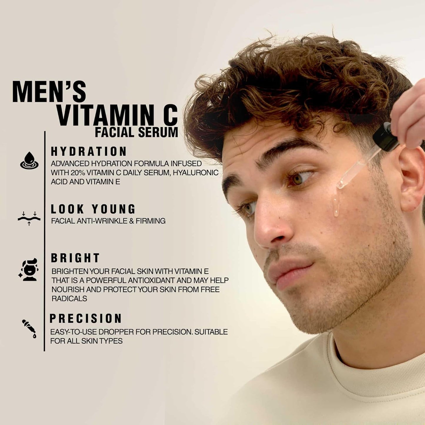 Vitamin C Face Serum for Men - 20% Vitamin C, Hyaluronic Acid & Vitamin E - Brightens & Revives Skin | 1oz