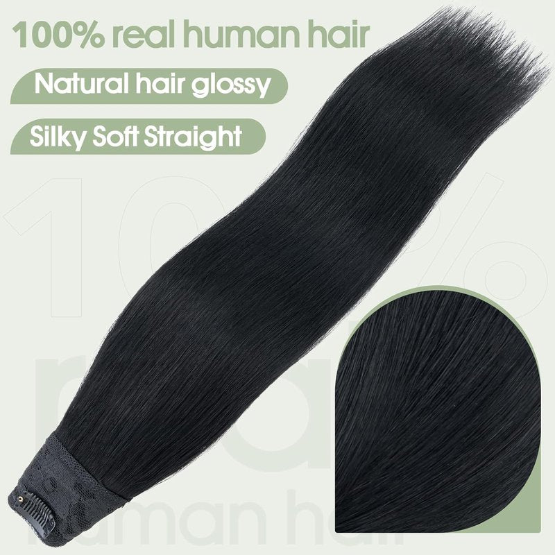 One Piece Clip-In Hair Extensions - Human Hair V Part Weft, Thicker Lace Net, 14" | #01 Jet Black
