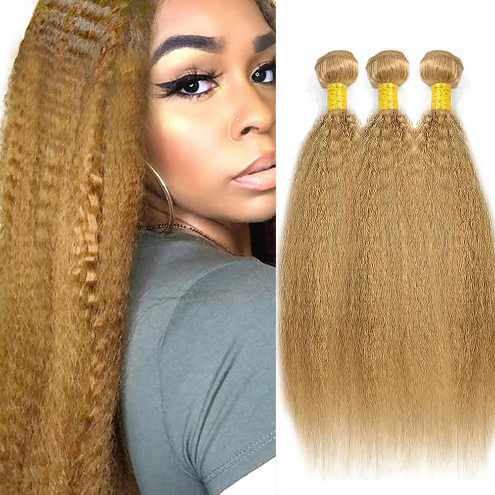 Honey Blonde Human Hair Bundles 16 18 20Inch Yaki Straight Wave Bundles Human Hair Unprocessed Native Virgin Hair 100/PC 3 Extensions #27 Blonde Color Wet and Wavy Human Hair Extensions for Women