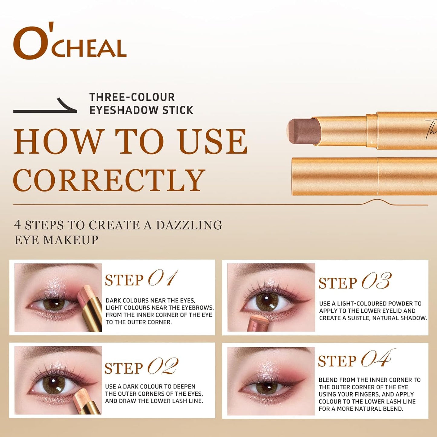 O'CHEAL 4PCS Gradient Eyeshadow Sticks - Matte & Shimmer Waterproof | Long-Lasting, Easy Application