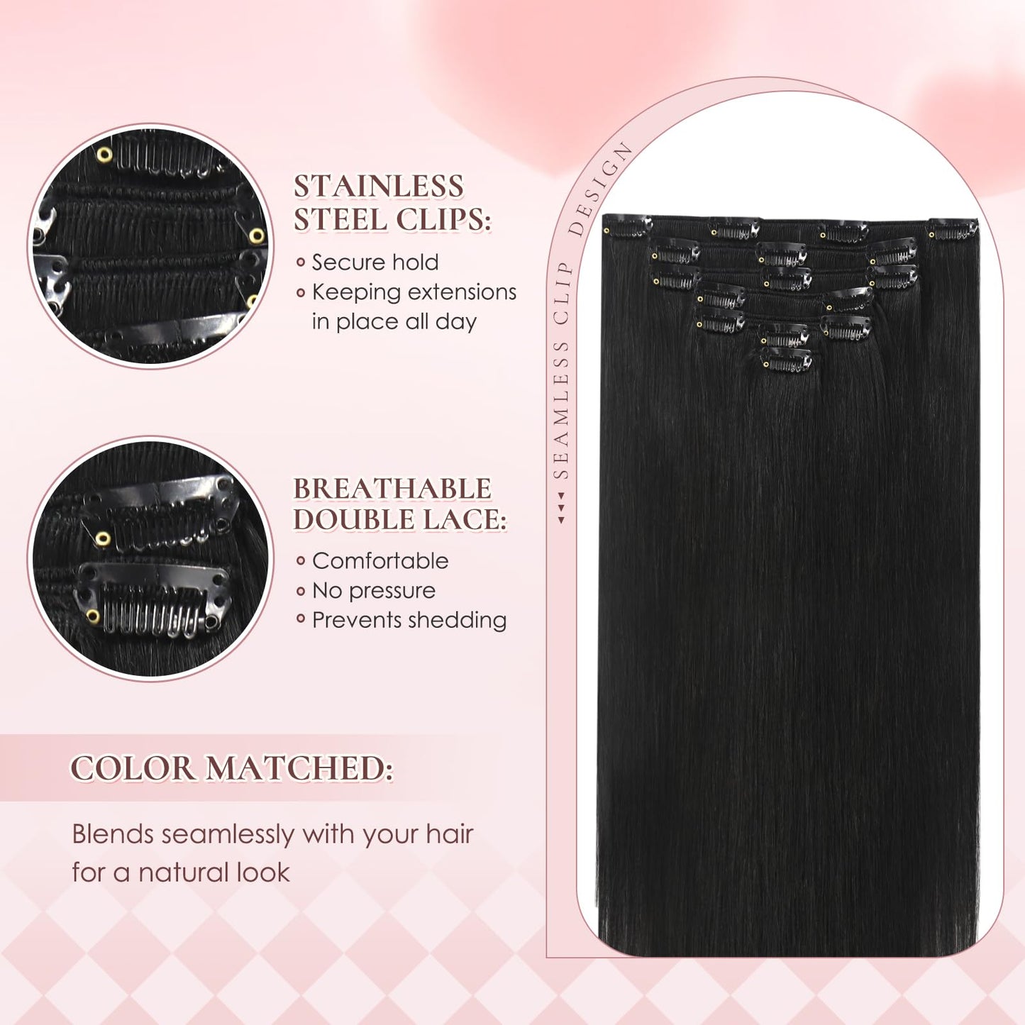 Hyssiet Invisible Clip in Real Human Hair Extensions,12 Inch 55 Gram 1B Natural Black Remy Thick Straight Clip in Hair,7 Pieces With 16 Clips, No Slip No Shedding Comfortable All Day Wear