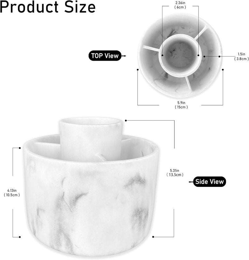 Makeup Brush Holder Organizer - 360° Rotating Resin Case | 4 Slot White Marble Storage for Cosmetics & Tools