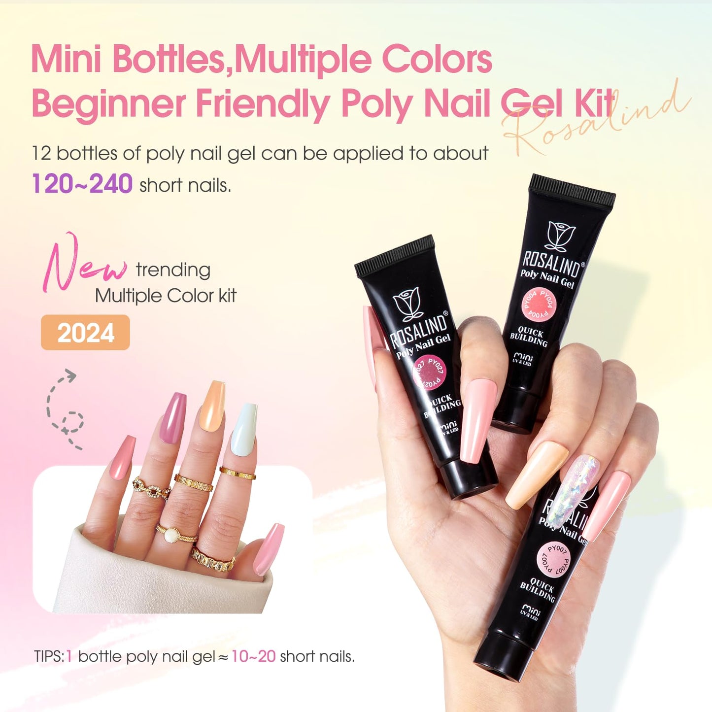 Poly Nail Gel Kit -20 Colors + 76 Nail Art Accessories ROSALIND Nude Clear Poly Nails Gel Kit Starter Kit with Slip Solution Nude Pink Nails Extensions with Mini UV Lamp