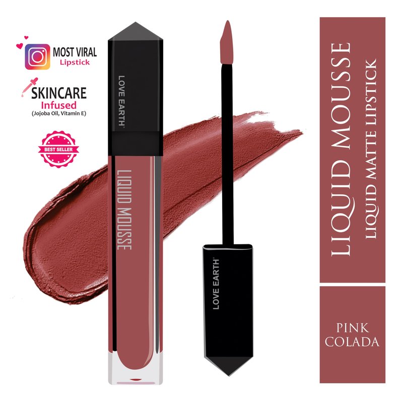Love Earth Liquid Mousse Lipstick - Matte Finish | Lightweight, Non-Sticky, Non-Drying,Transferproof, Waterproof | Lasts Up To 12 Hours With Vitamin E And Jojoba Oil - (6 ml (Pack Of 1) Pink Colada)