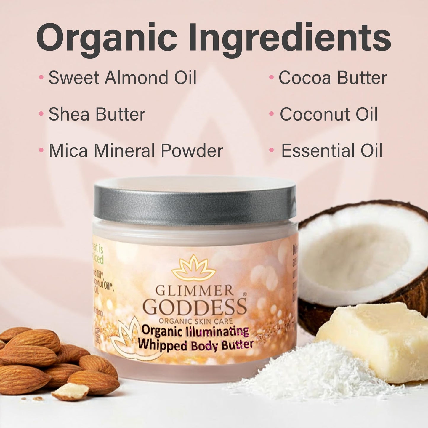 Glimmer Goddess Shimmer Body Butter with Organic Whipped Shea Butter for Hydration, Moisturizing & Silky Natural Glow - Rose Gold Sexy, 4 oz