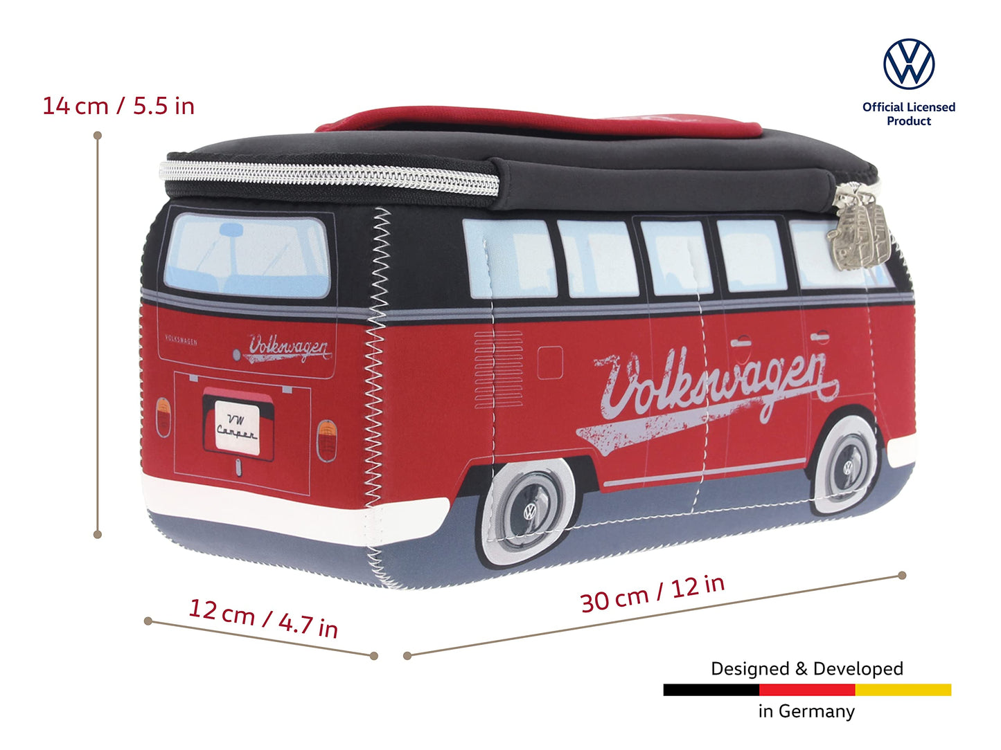BRISA VW Collection - Volkswagen Neoprene Universal Makeup Cosmetics Toiletry Travel Pharmacy Bag in T1 Bus Design (Red/Black) (Large (11.8 x 5.5 x 4.7 inches))