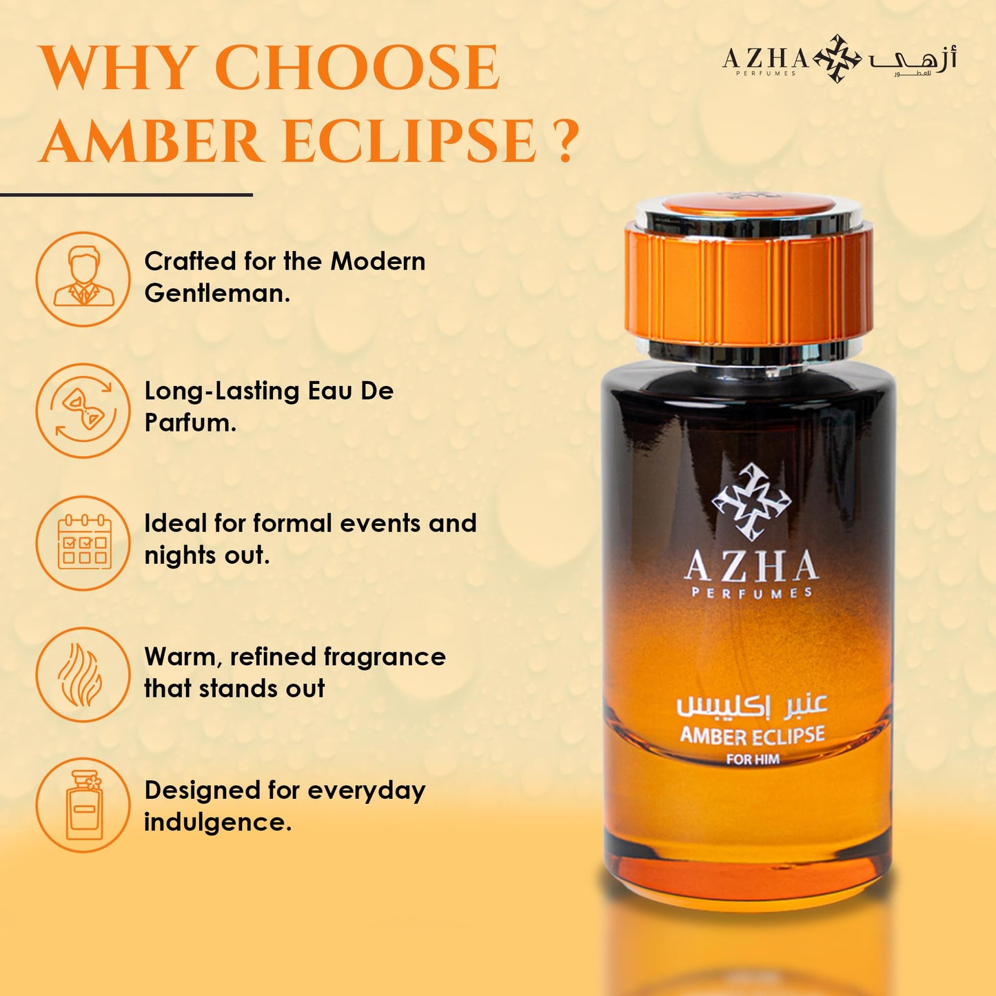 Azha Perfumes Essence Orbis Amber Eclipse Eau de Parfum for Men, 3.4 Fl Oz / 100 mL, Long Lasting Arabian Perfume Spray, Citrus Woody Amber Fragrance with Bergamot, Ginger, Osmanthus, Luxury Scent