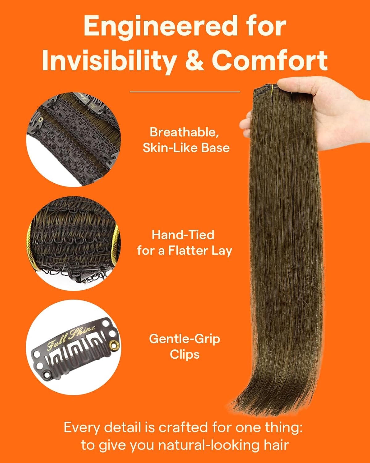 Brown Human Hair Extensions - 16 Inch Clip-In Remy Hair, Straight & Natural | 60 Grams, Medium Brown, 3 Pcs