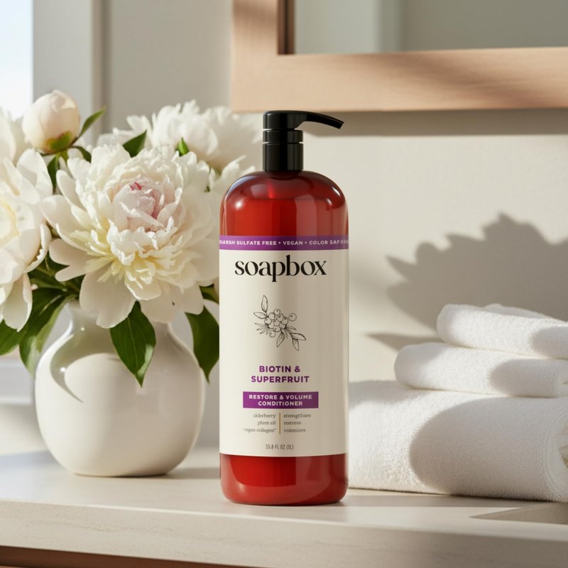 Soapbox Biotin & Super Fruit Shampoo & Conditioner Set, Leaves Hair Volumized & Strengthened - Clean Ingredients Free of Harsh Chemicals, Sulfates, Parabens & Silicones - 1 Liter Each