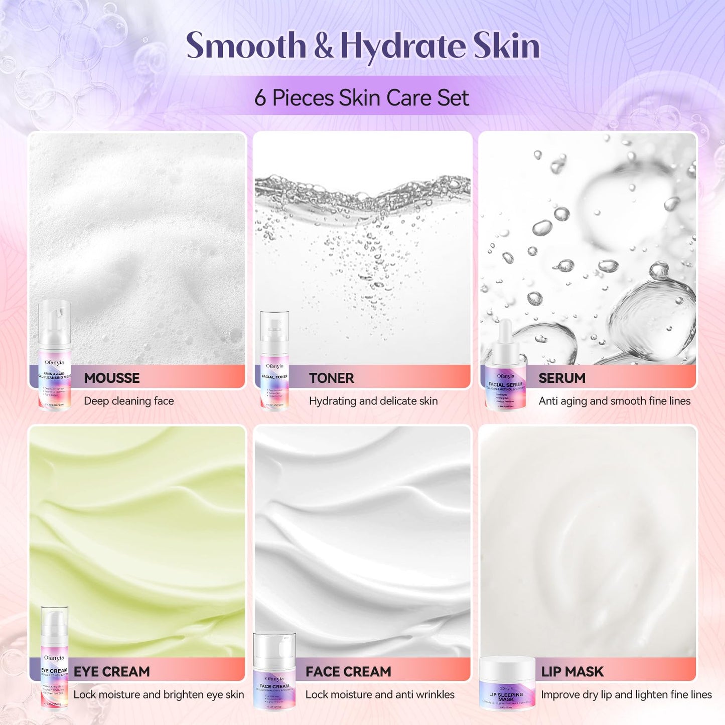 Collagen Retinol Skincare Set, 6 Pcs Anti-Aging Skin Care Set with Hydrating Cleanser, Eye Cream, Toner, Cream & Lip Mask, Facial Kit for Women, Birthday Gift for Her
