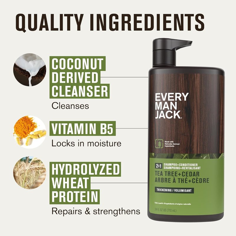Every Man Jack 2-in-1 Men's Shampoo & Conditioner - Thickening Tea Tree | Moisturizing & Volumizing - 24oz