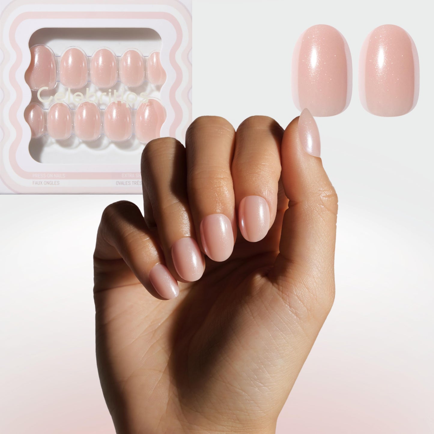 Celebritips Nail Art Press-Ons | Short Almond Nails, Reusable | 16 sizes - 32 Nails Kit with Super-hold Nail Glue and Sticky Tabs (Baby Blue Ribbon)