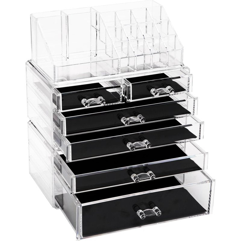 Sea Team 3-Layer Stackable Clear Makeup Organizer with Drawers, Acrylic Plastic Cosmetic Display Case, Jewelry Storage Box for Dresser, Bathroom, Vanity, Countertop (6 Drawers, 1 Lipstick Holder)