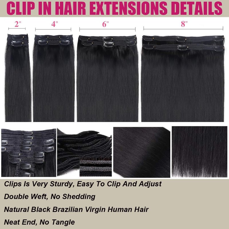 Clip in Hair Extensions Straight Clip ins Human Hair Extensions Remy Human Hair Clip in Extensions Clip on Hair Extensions Real Human Hair Clip ins for Black Women 8Pcs with 18Clips, 120g, 16Inch