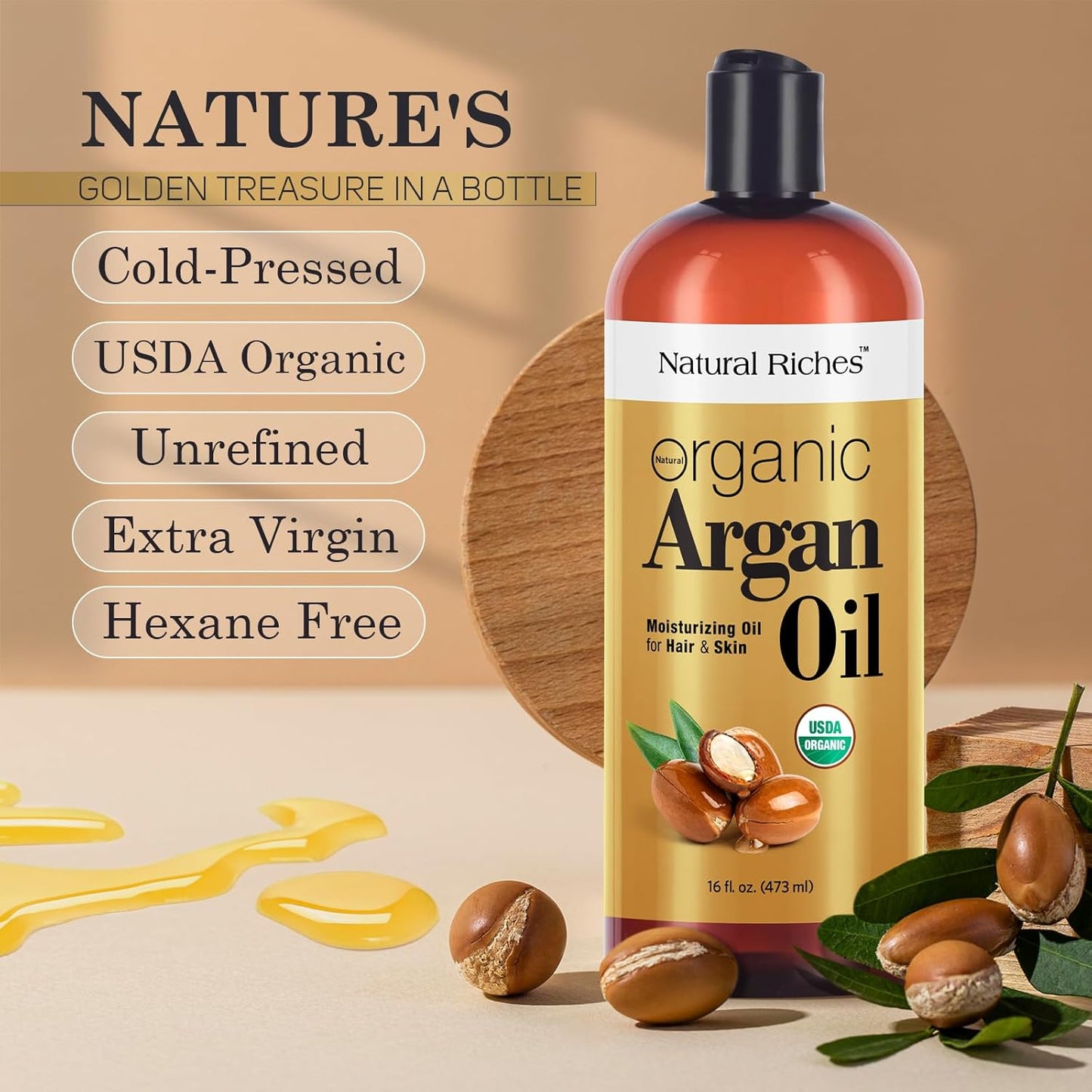 Organic Argan Oil of Morocco - Deep Moisturizing Hair Serum | 16oz Cold Pressed for Dry, Damaged Hair