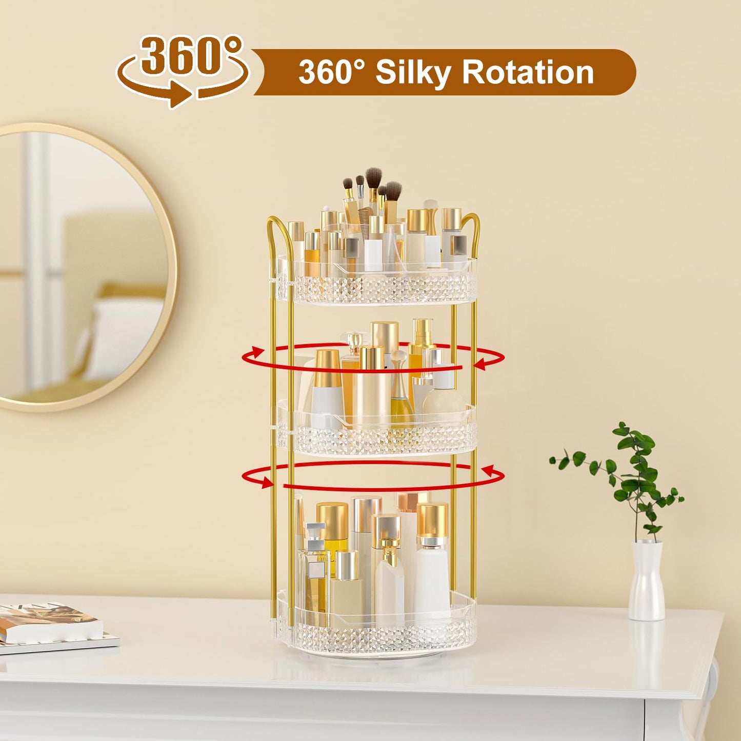 BOCONY Rotating Makeup Organizer for Vanity 3 Tier, Perfume Organizer with Makeup Brush Holder, Large Capacity Cosmetics Clear Skincare Organizer for Countertop (Transparent)