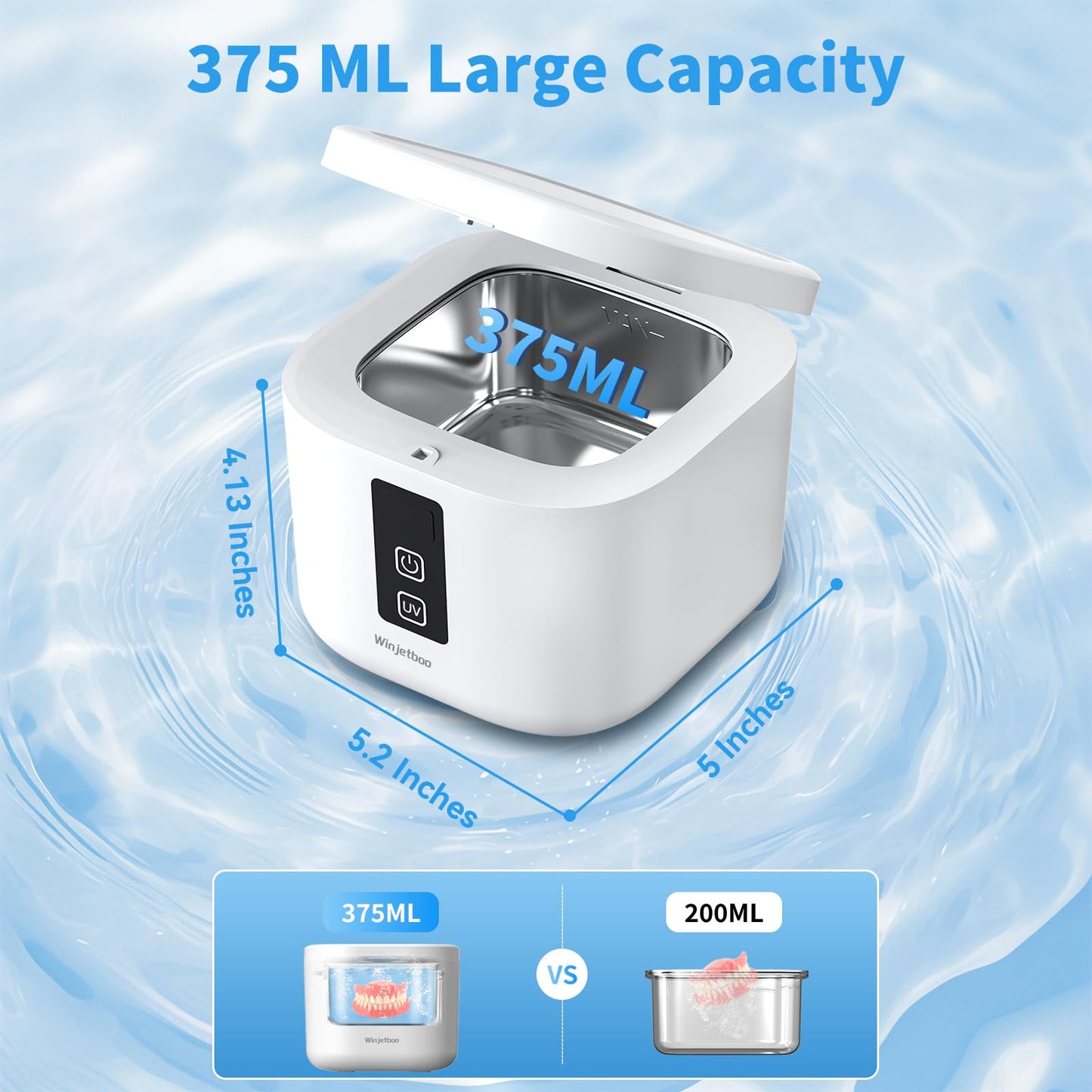 Ultrasonic Retainer Cleaner Machine, 48KHz Dental Cleaning Pod for Denture, Mouth Guard, Aligner, Night Guard, Braces, Toothbrush Heads, Jewelry with Digital Timer & 6 Modes, 13oz Capacity, White