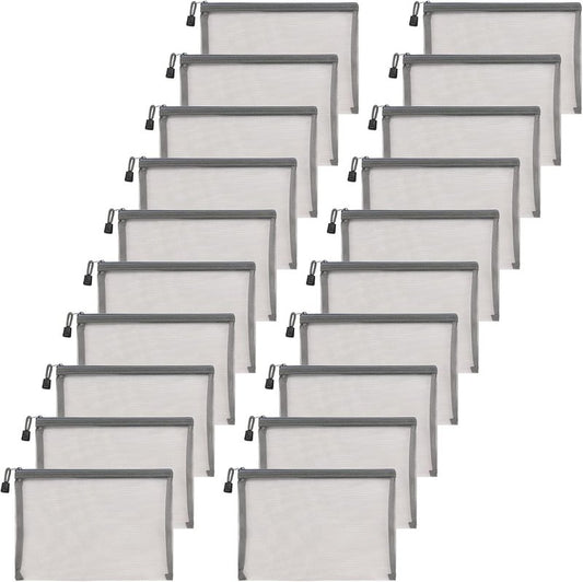 Mesh Makeup Cosmetic Bag Set - 20 Pcs Zipper Pouches for Cosmetics & Pencils | 9.5 x 7.1 Inches - Gray