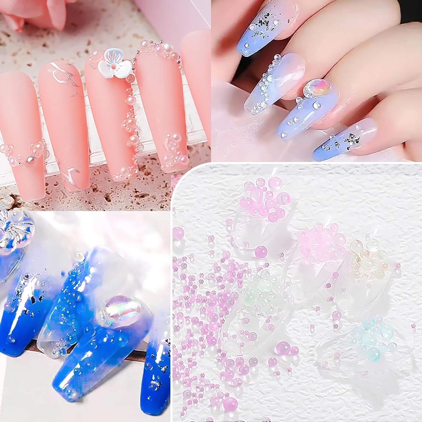 SILPECWEE 9 Boxes Mermaid Bubble Beads for Nails, Iridescent Circular Nail Rhinestones Aurora Caviar Beads Nail Pearl Crystal Diamond 3D Nail Charms Nail Decorations for Makeup DIY Accessories