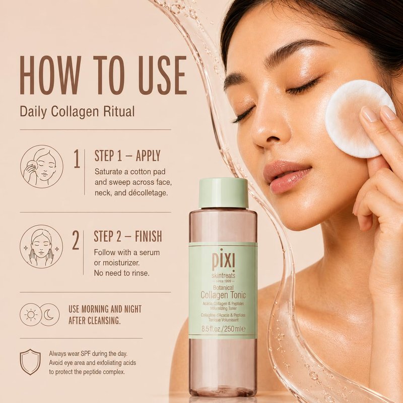 Pixi Botanical Collagen Tonic, Volumizing & Hydrating Toner, Enhanced with Peptides & Botanicals to Firm & Revitalize, Alcohol-Free Daily Moisturizing Toner, 100 ml / 3.4oz