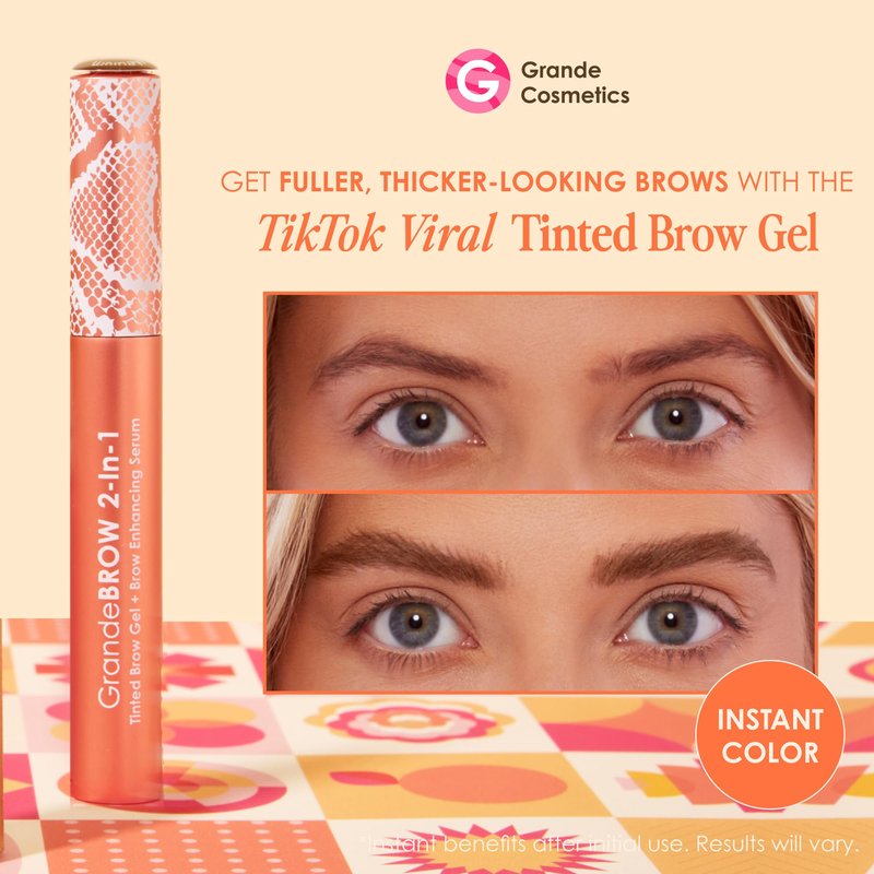 Grande Cosmetics GrandeBROW 2-in-1 Tinted Brow Gel + Brow Enhancing Serum for Thicker & Darker-Looking Eyebrows, Shape & Fill Brows, with Castor Oil & Mini Fibers - Auburn, Full Size (0.12 fl oz)