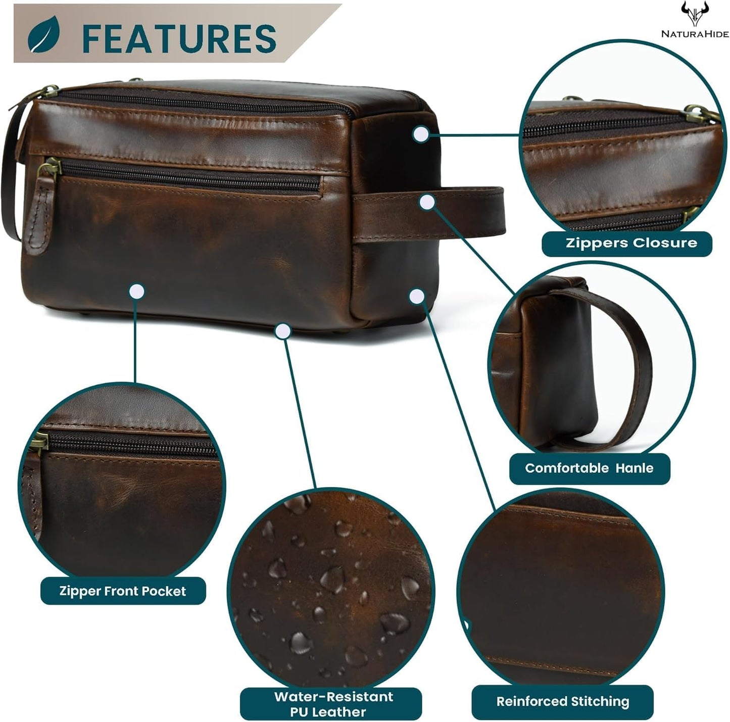 Leather Toiletry Bag for Men - Handmade Travel Kit with Durable Waxed Canvas Lining | Small Brown Shaving Organizer