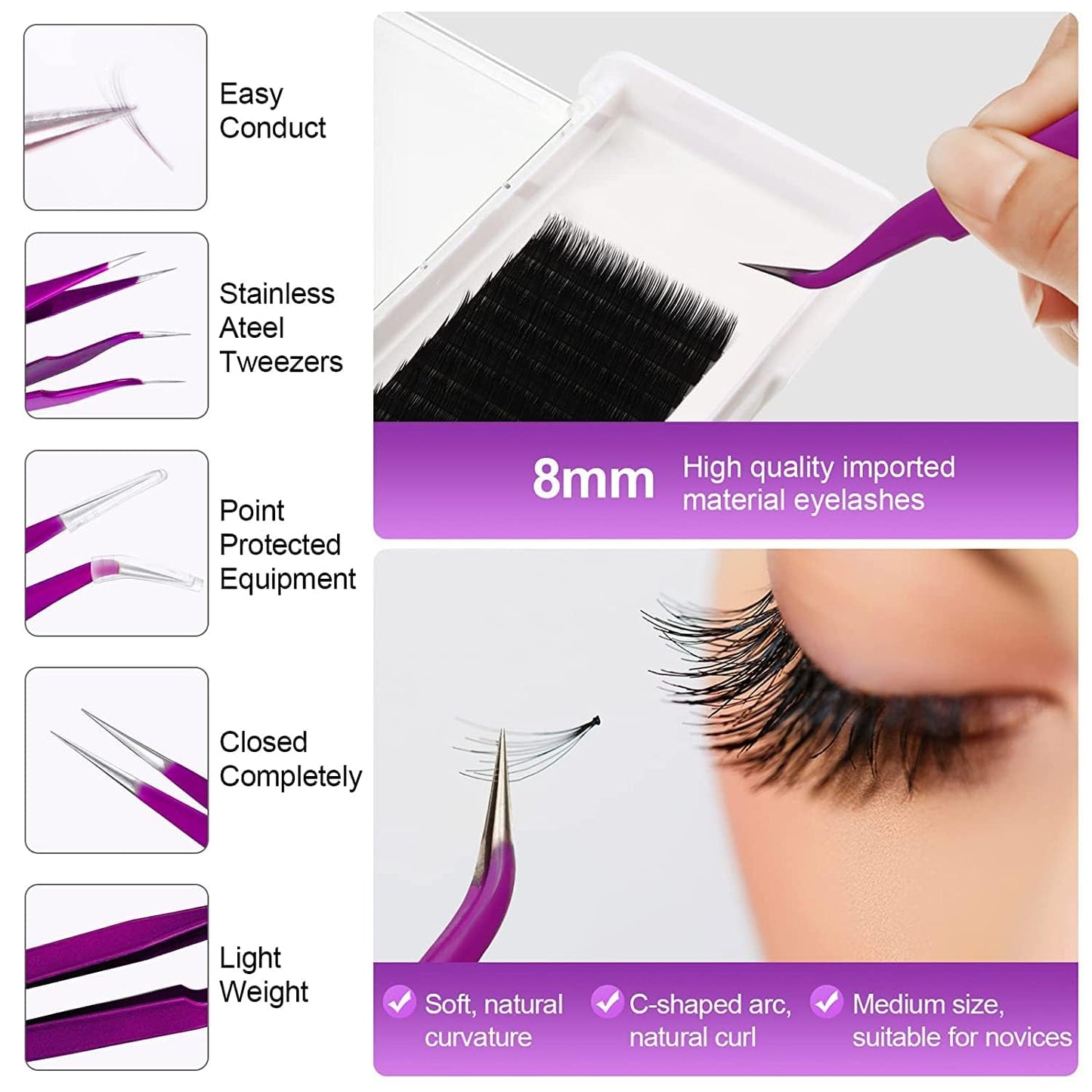 Eyelash Extension Practice Kit - Complete Training Set for Beginners | Mannequin Head, Lash Fan, Shampoo, Adhesive & Mirror (Purple)