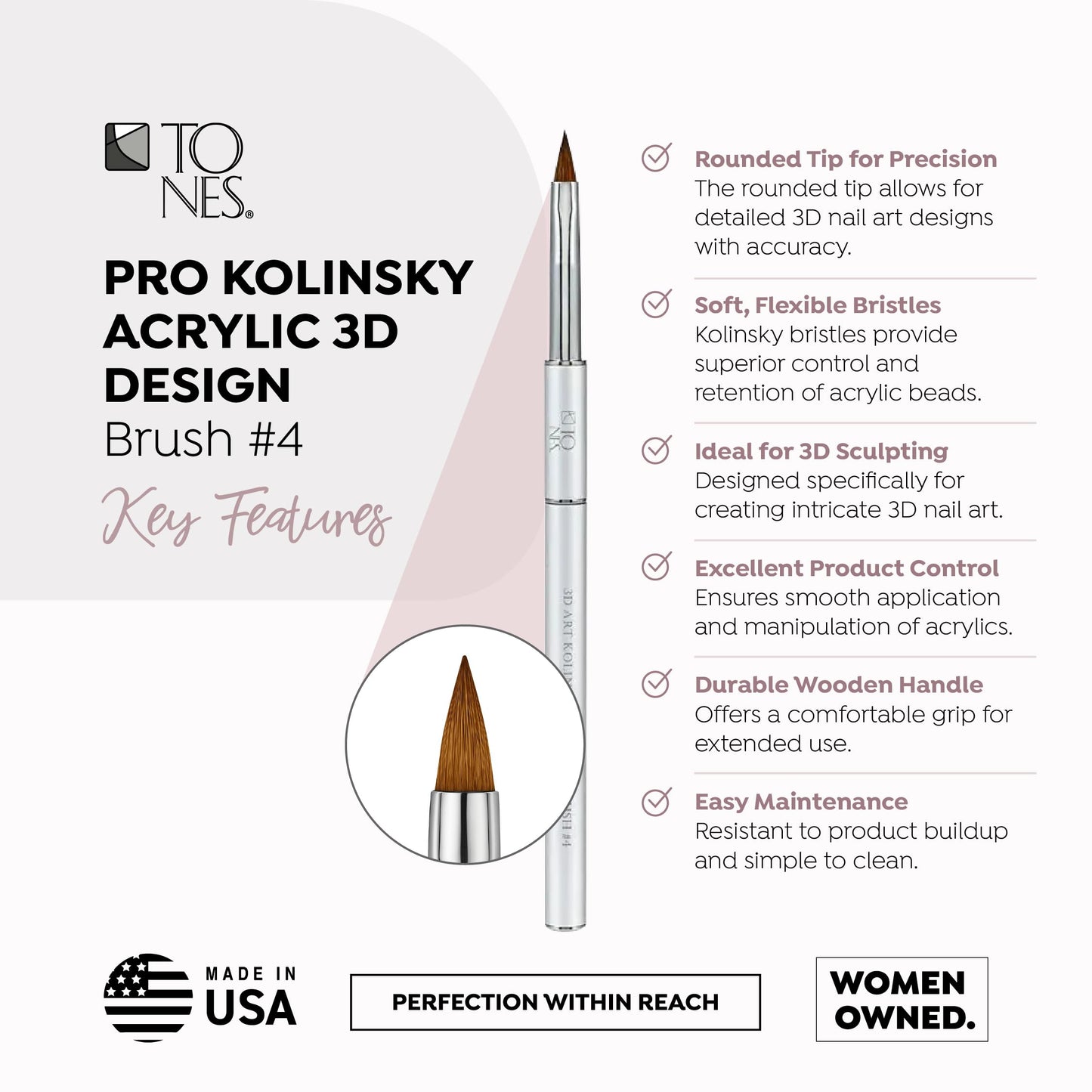 TONES Kolinsky Acrylic Nail Art Brush – Pure Sable Hair, Crimped Silver Handle | Pro-Level Carving Tool with Ultra-Fine Precision Tip | Size: 4