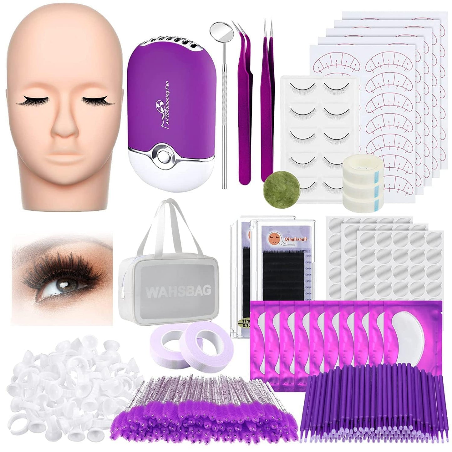 Eyelash Extension Practice Kit - Complete Training Set for Beginners | Mannequin Head, Lash Fan, Shampoo, Adhesive & Mirror (Purple)