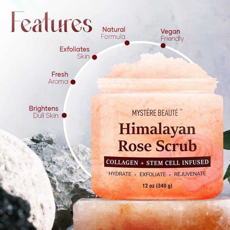 MYSTÉRE BEAUTÉ Himalayan Salt Body Scrub Twin Pack (12 oz x 2) - with Collagen, Rose Oil & Stem Cells - Exfoliating Scrub for Cellulite, Acne & Stretch Marks - Natural Skin Care Gift Set