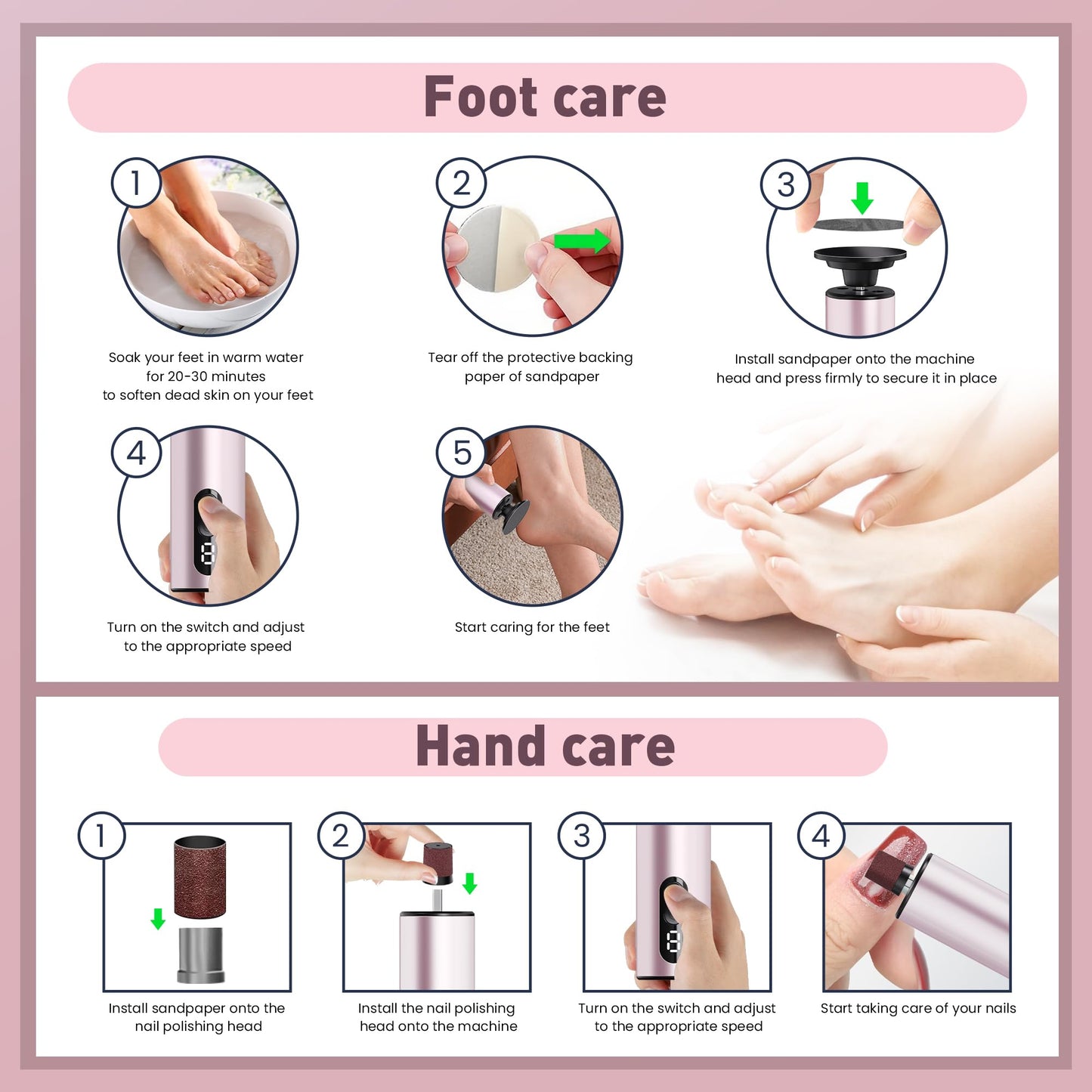 Electric Foot Callus Remover,2 in1 Rechargeable Callus Remover for Feet,9-Speed Cordless Electric Foot File Nail Grinder,Foot Scrubber Pedicure Tools for Dead Skin Dry Cracked Feet(Pink Fold)