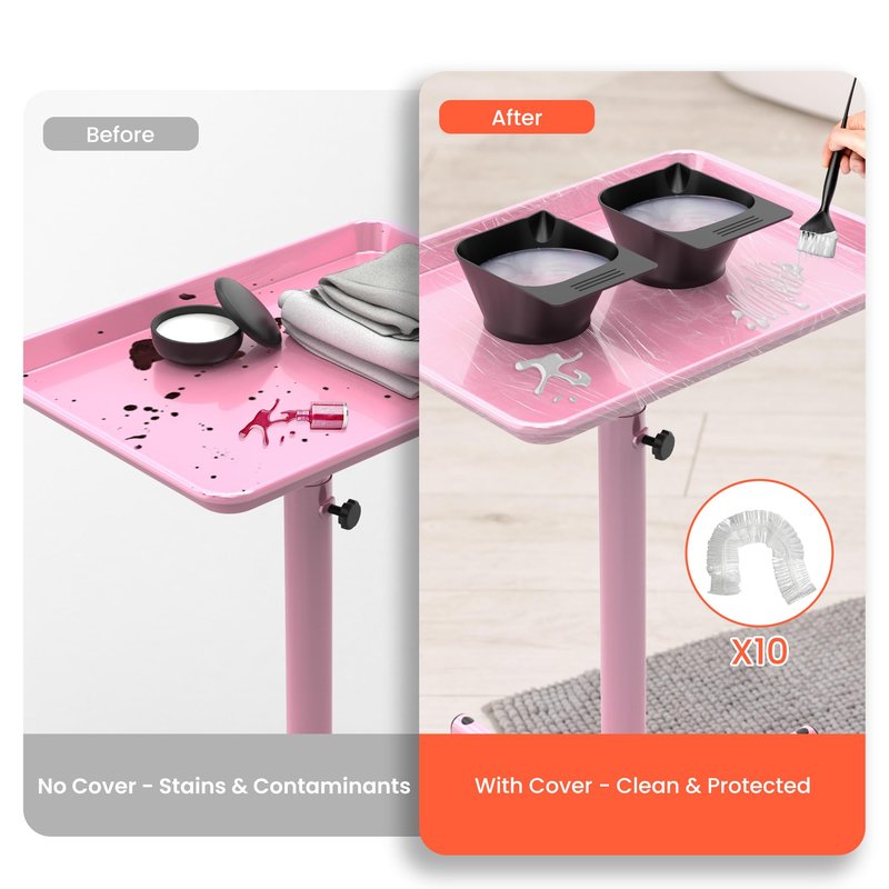 TASALON Rolling Salon Service Cart with Tray Top, Height Adjustable, Aluminum Rolling Tray Trolley for Salon Essentials, Adjustable Heightfor Hairstylist Tray 10 PCS Disposable Salon Tray Cover,Pink