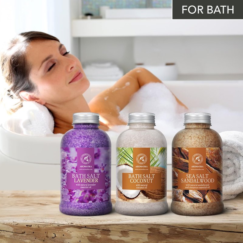 Bath Sea Salt Set 3х21.16Oz - Lavander & Coconut & Sandalwood - Lavender Essential Oil - Natural Coconut Oil - Sandalwood & Cinnamon Essential Oil - Aromatherapy - Relaxing - Body Care