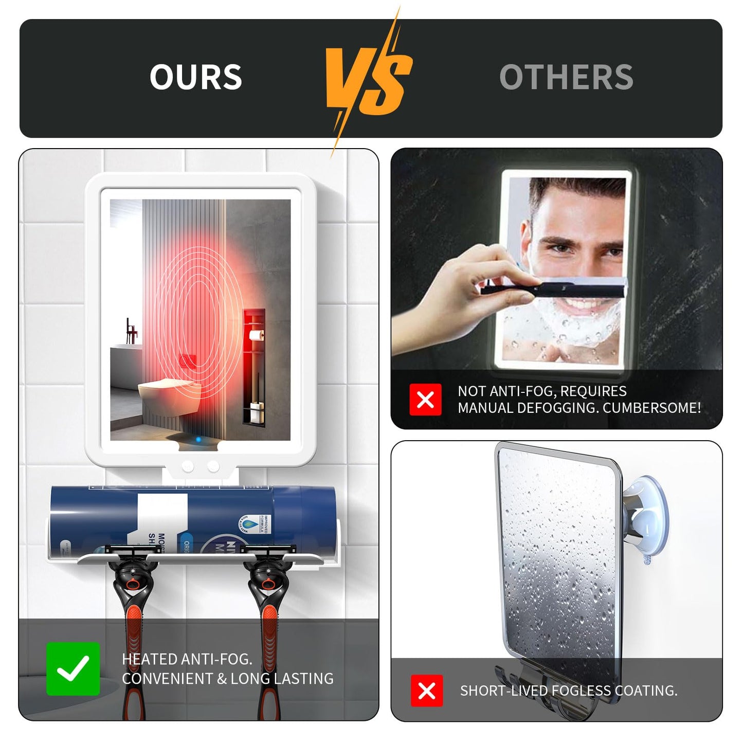 Junyaoxuan Heated Anti-Fog Shower Mirror, LED Shaving Mirror Fogless with 3 Color Modes, 9.5x8 Inch Dimmable, Hanging Rechargeable, Wall Mountable, Modern Frameless Rectangular Shower Mirror