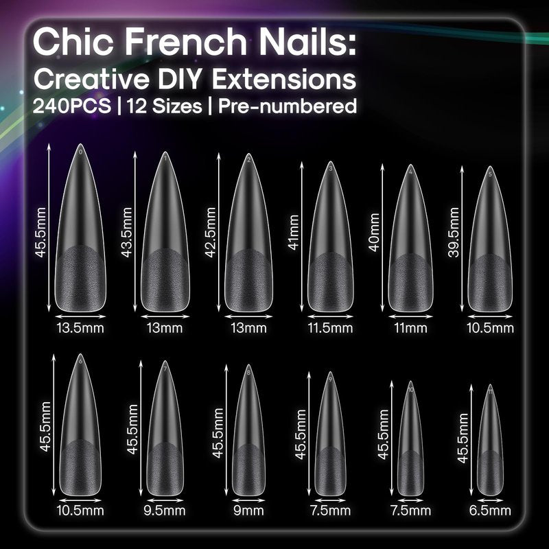 INENK No C Curve XXL Stiletto Nail Tips, Half Matte Clear Half Cover, Stiletto Flat Tips for Acrylic Nails Art Design, Salons, Home DIY Nail Extension(12 Sizes 240PCS)