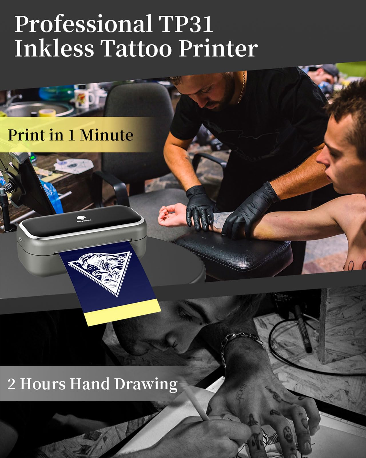 Phomemo TP31 Wireless Tattoo Stencil Printer with 30pcs Transfer Paper, Compatible with Phone & Tablet, Bluetooth Mini Thermal Tattoo Printer Machine for Artists & Beginners, for Halloween