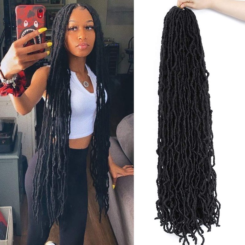 Soft New Faux Locs Colorful Long Goddess Hair Natural Pre Looped Crochet Braid Curly Wave Braiding Hair… (36Inch #1B 7Packs))