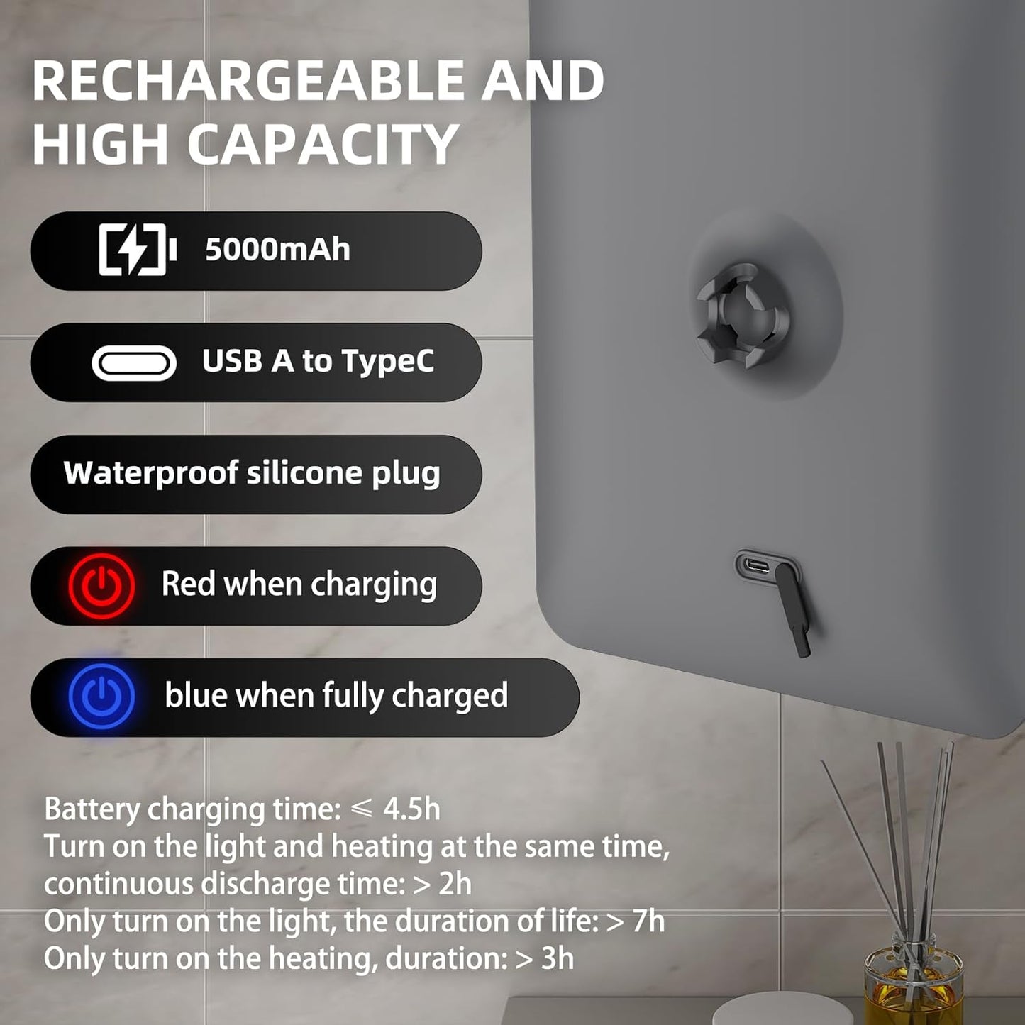 Lighted Anti-Fog Shower Mirror - 3 Color Modes, 360° Rotation, Rechargeable with Storage Tray & Razor Holders | Grey