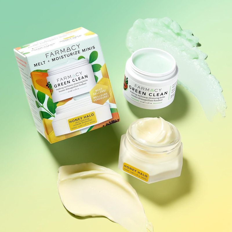 Farmacy Ceramide Face Moisturizer & Cleansing Balm Duo - Travel Size Skin Care Set | Green Clean Makeup Remover & Honey Halo Moisturizer (2 Count)