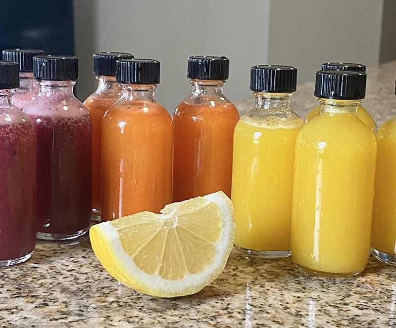 DIDITIME 24 Pack 2 oz Small Clear Glass Bottles with Lids & 4 Funnels - 60ml Boston Round Sample Bottles for Potion, Juice, Ginger Shots, Oils, Whiskey, Wellness Shots, Mini Travel Bottles