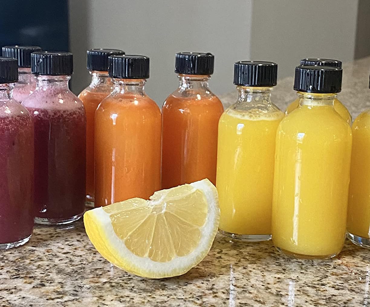 DIDITIME 24 Pack 2 oz Small Clear Glass Bottles with Lids & 4 Funnels - 60ml Boston Round Sample Bottles for Potion, Juice, Ginger Shots, Oils, Whiskey, Wellness Shots, Mini Travel Bottles